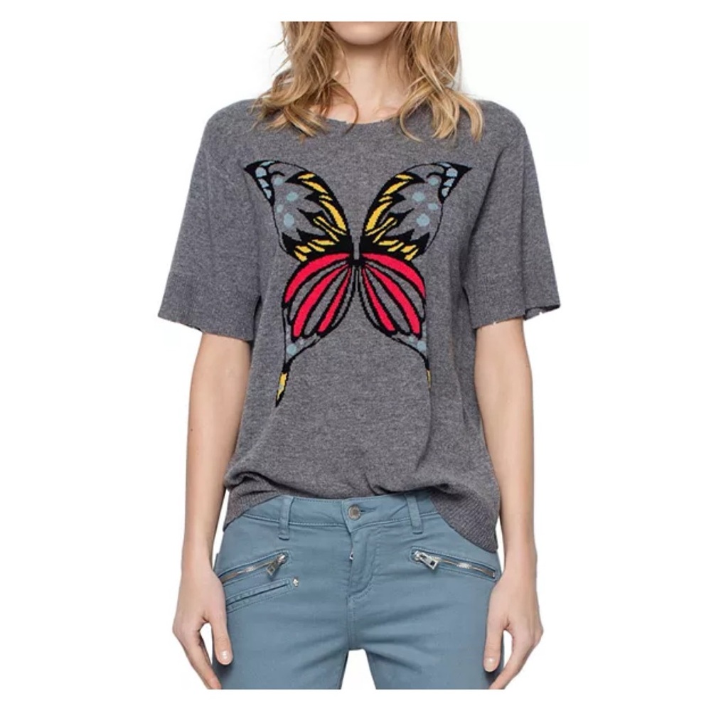 Zadig & Voltaire Gray Short-Sleeve Crewneck Sweater with Multicolor Butterfly